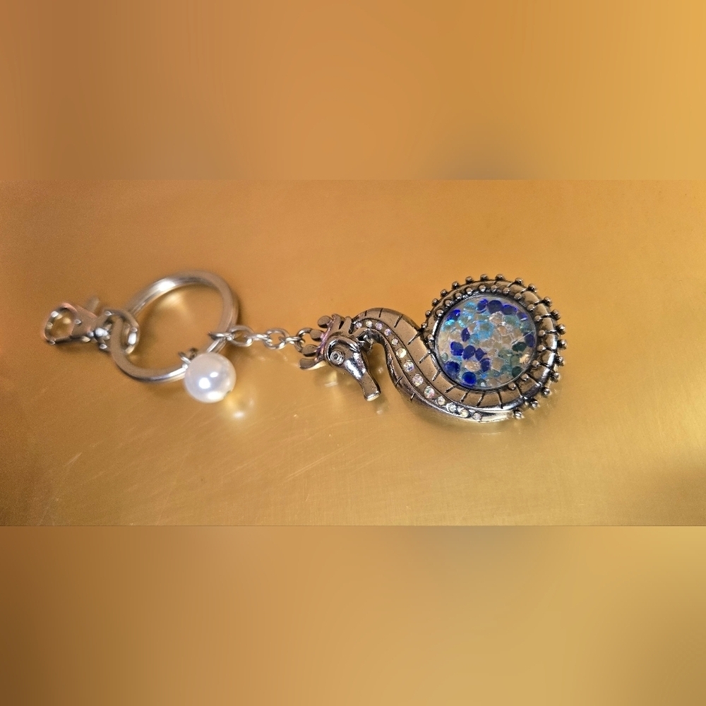 Silver Tone Vtg Seahorse Keychain/ Bag Charm  with Blue Crystal Accents - Picture 5 of 17